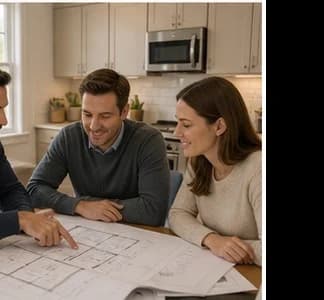 Provider reviewing ADU floor plans with homeowners