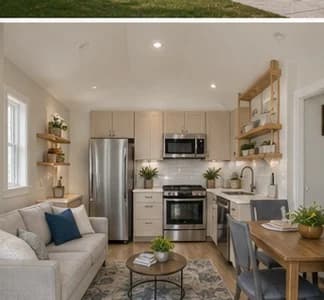 Compact ADU interior with kitchenette and heat pump