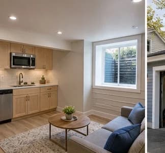 Basement ADU conversion with kitchenette and egress window