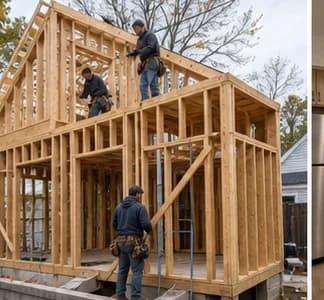 Ground-up ADU framing on a residential lot
