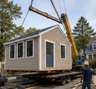 Prefab detached ADU installation in a backyard