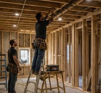 Basement finishing crew installing lighting and framing