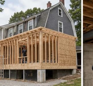 Home addition framing attached to a residential house