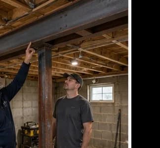 Contractor inspecting structural beam during remodel