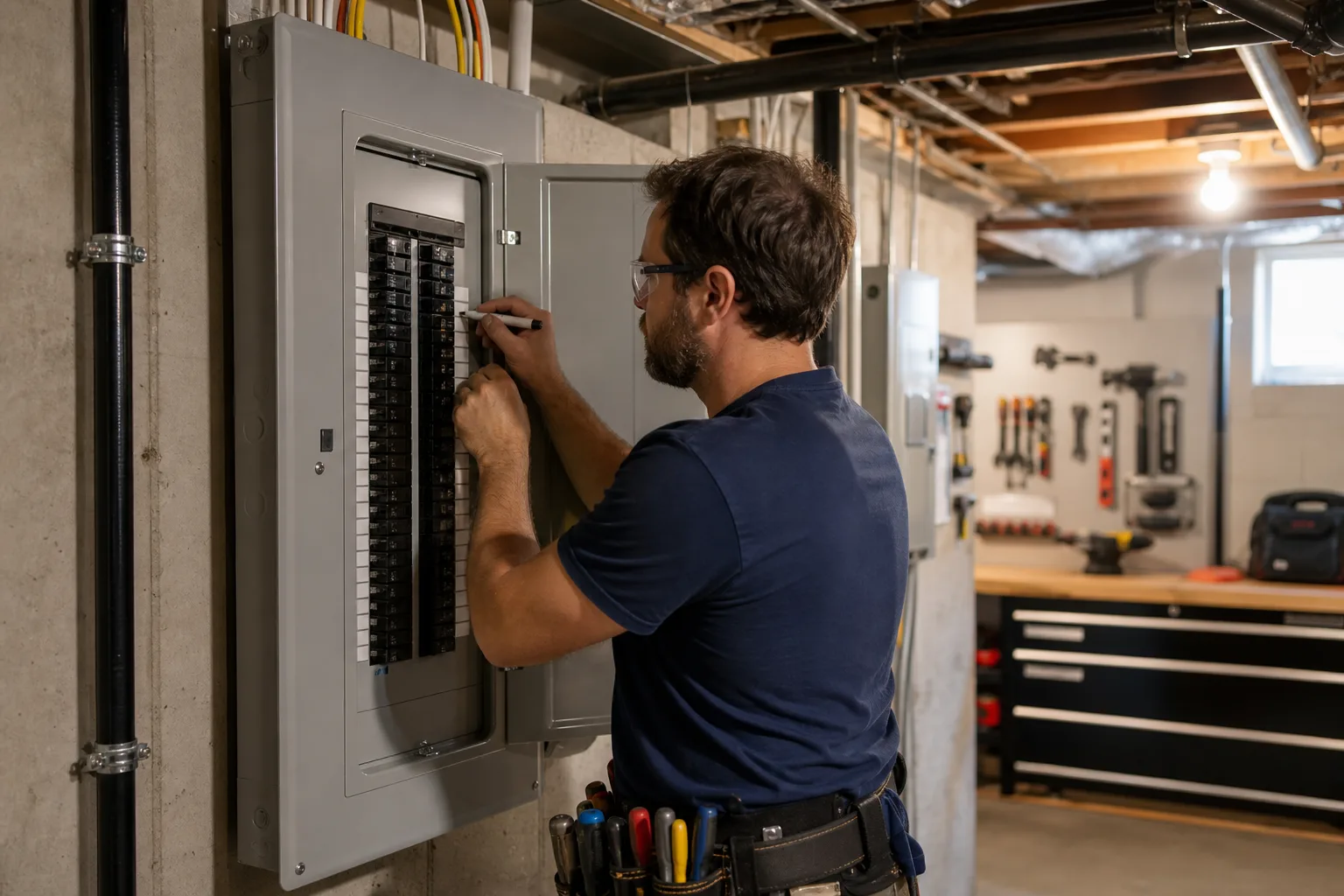 Licensed electrician working on a 200-amp electrical panel