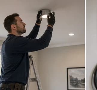Electrician installing recessed lighting
