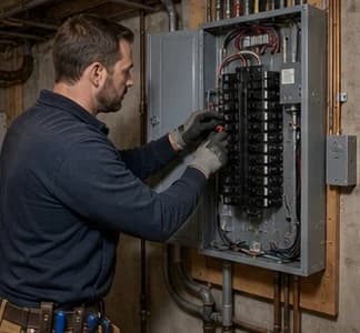 Electrician installing smart-ready residential electrical panel