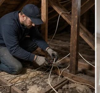 Electrician inspecting old knob-and-tube wiring