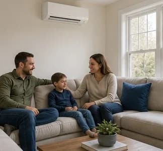 Family in living room with ductless heat pump