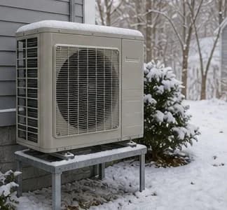 Cold-climate heat pump outdoor unit beside a home