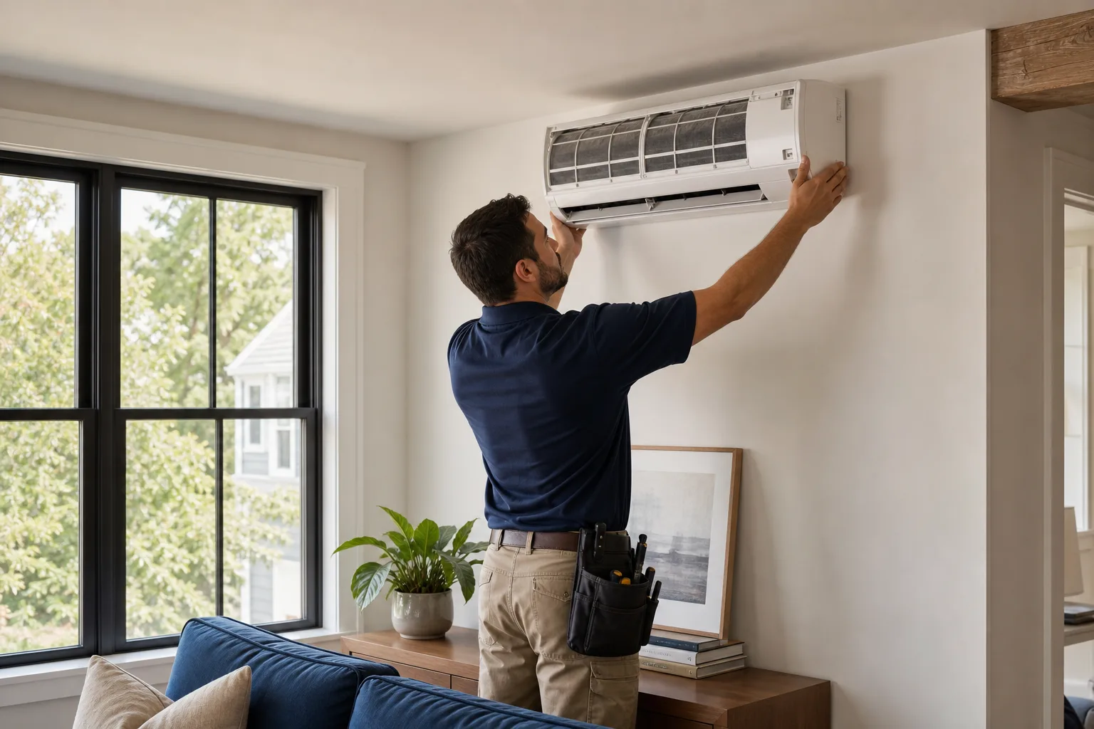 HVAC technician installing a ductless mini-split in a U.S. home