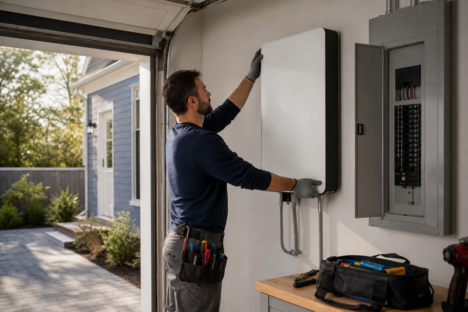 Electrician installing a wall-mounted home battery in a garage