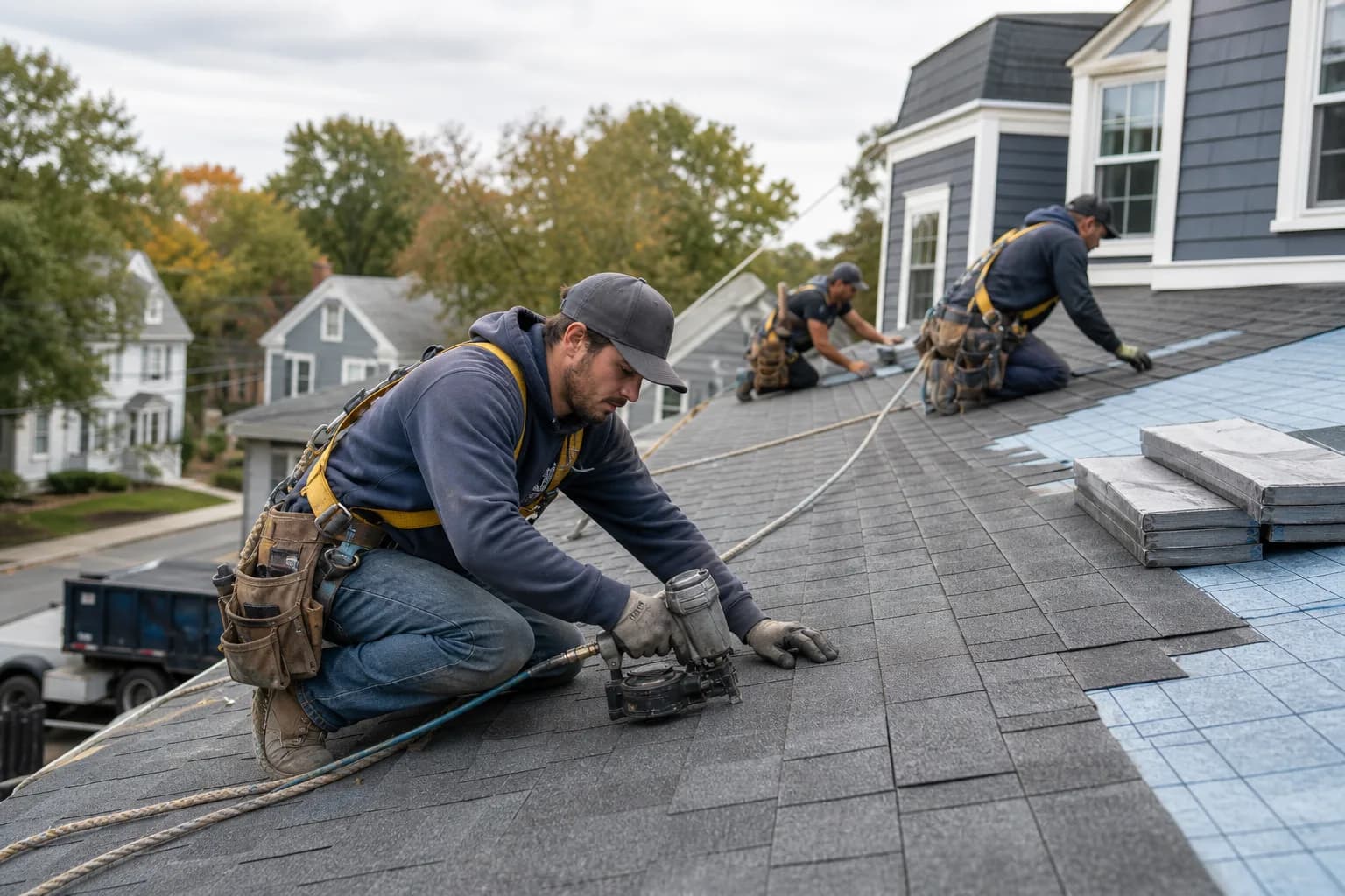 Roofing crew installing asphalt shingles on a U.S. home