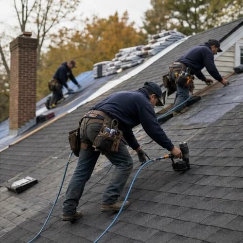 Crew replacing residential roof shingles and underlayment