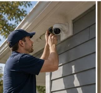 Technician installing exterior security camera