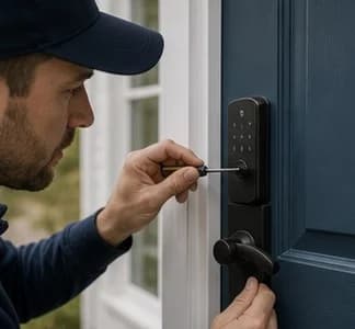 Technician installing video doorbell and smart lock