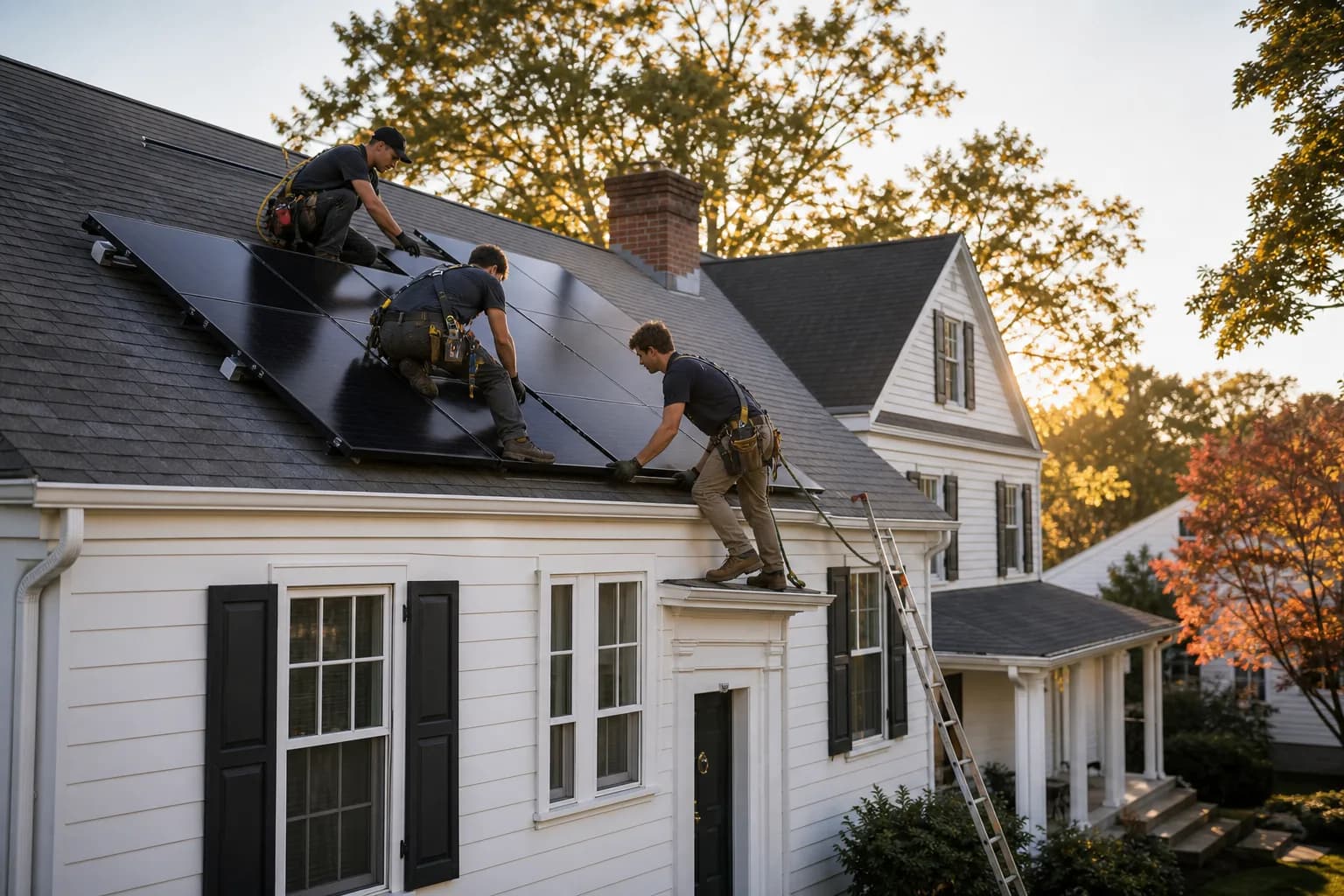 Solar installers placing rooftop solar panels on a U.S. home