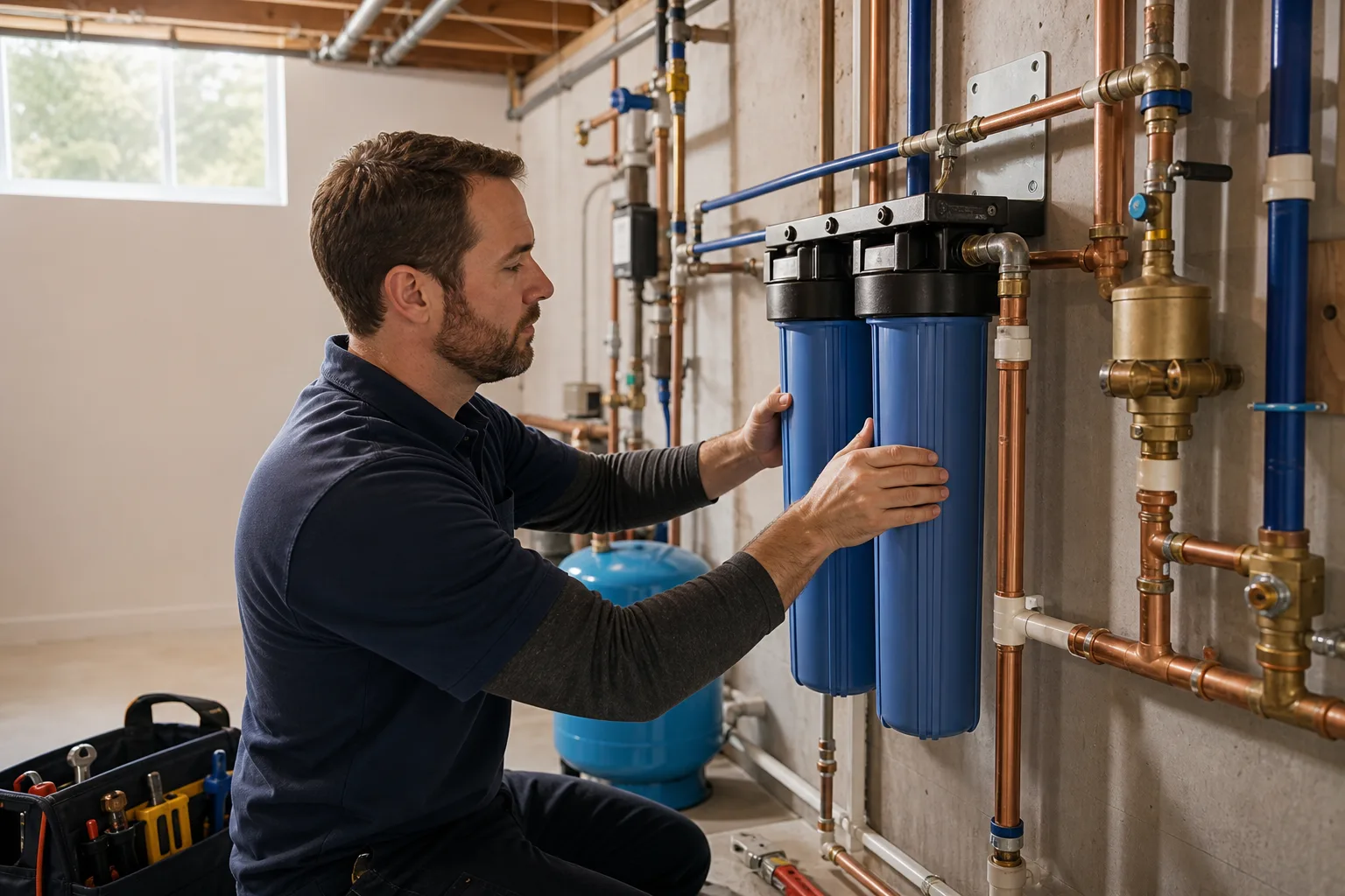 Plumber installing whole-house water filtration system