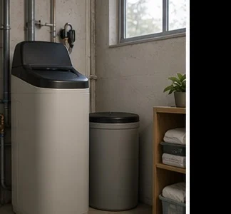 Water softener installed beside residential water heater